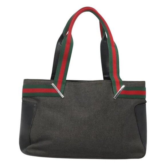 GUCCI Web Sherry Line Tote Bag Canvas Red Gray Green 73983 Auth BA2478 - Picture 2 of 16